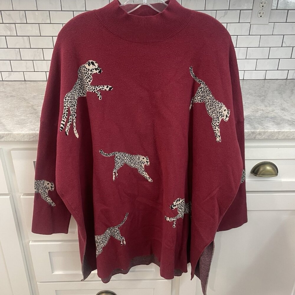Entro Sweater Womens XL Red Leopard Pullover Top Bohemian Cowl Neck Classic